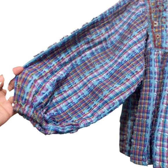 Sundance Peasant Embroidered Top Women Small Blue Plaid Puff Sleeves Boho Dainty - Picture 5 of 16